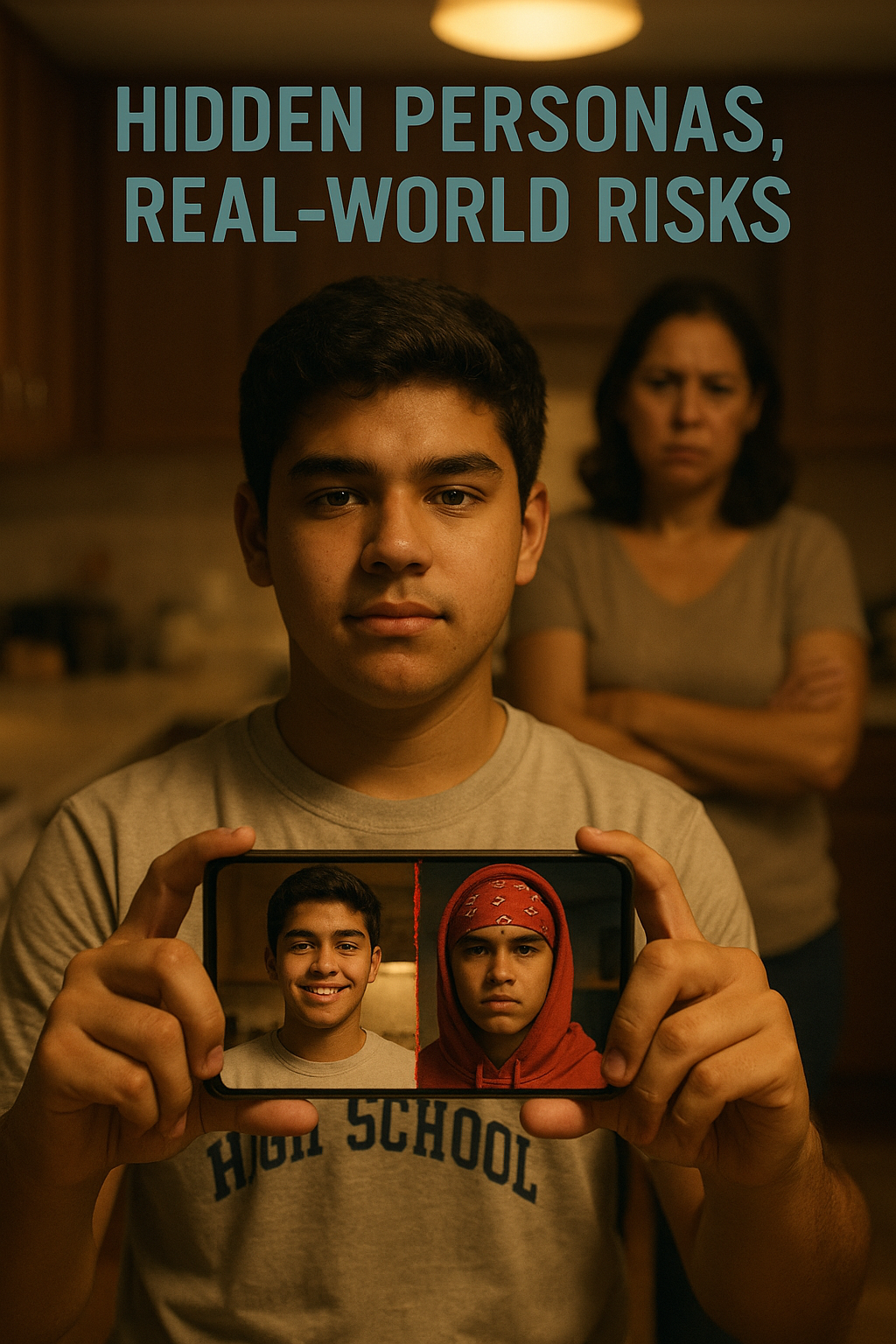 Teen with phone showing dual personas