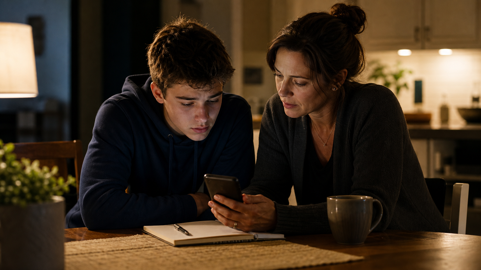 Parent and teen sitting together at a table looking at a phone and notes with a calm, supportive mood
