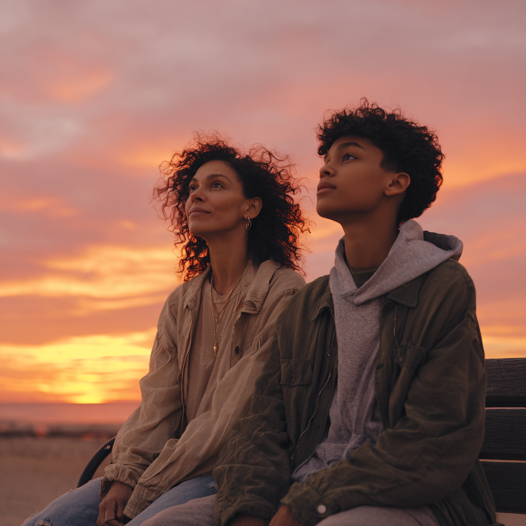 Parent and teen at sunset
