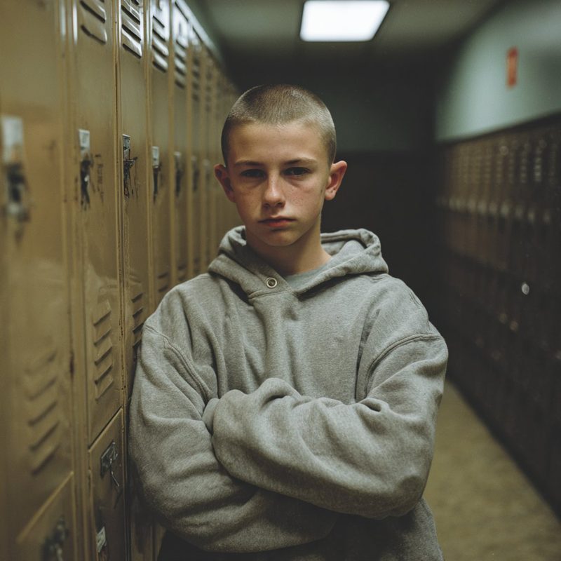 A teenage boy standing alone by school lockers