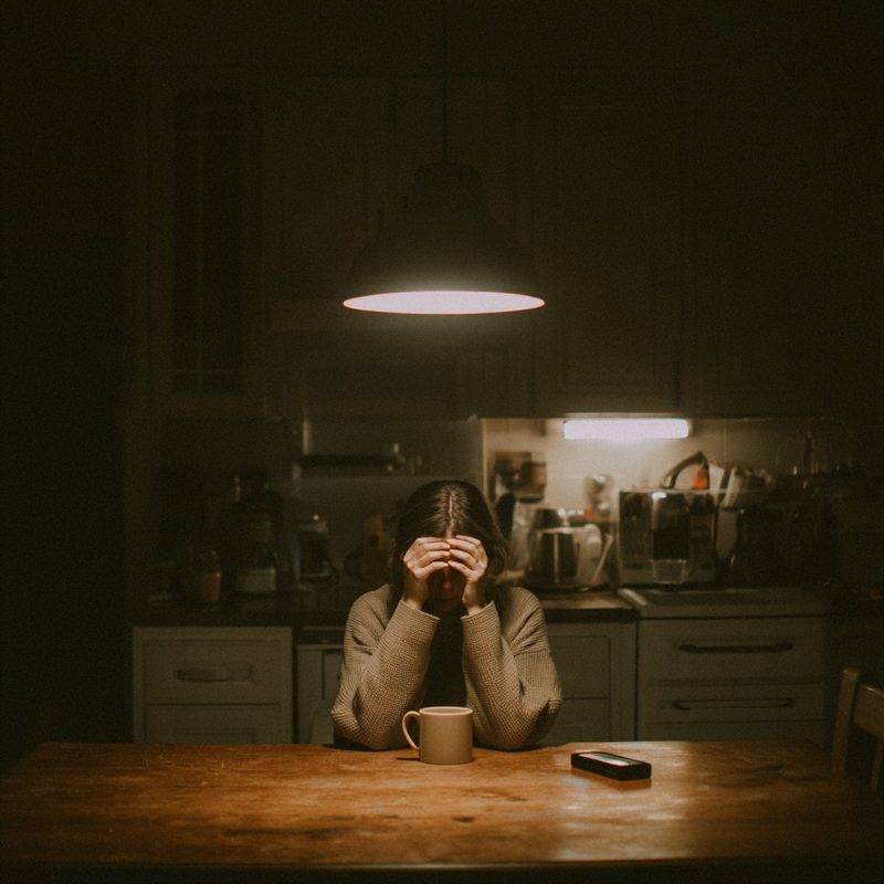A parent in crisis sitting at a kitchen table