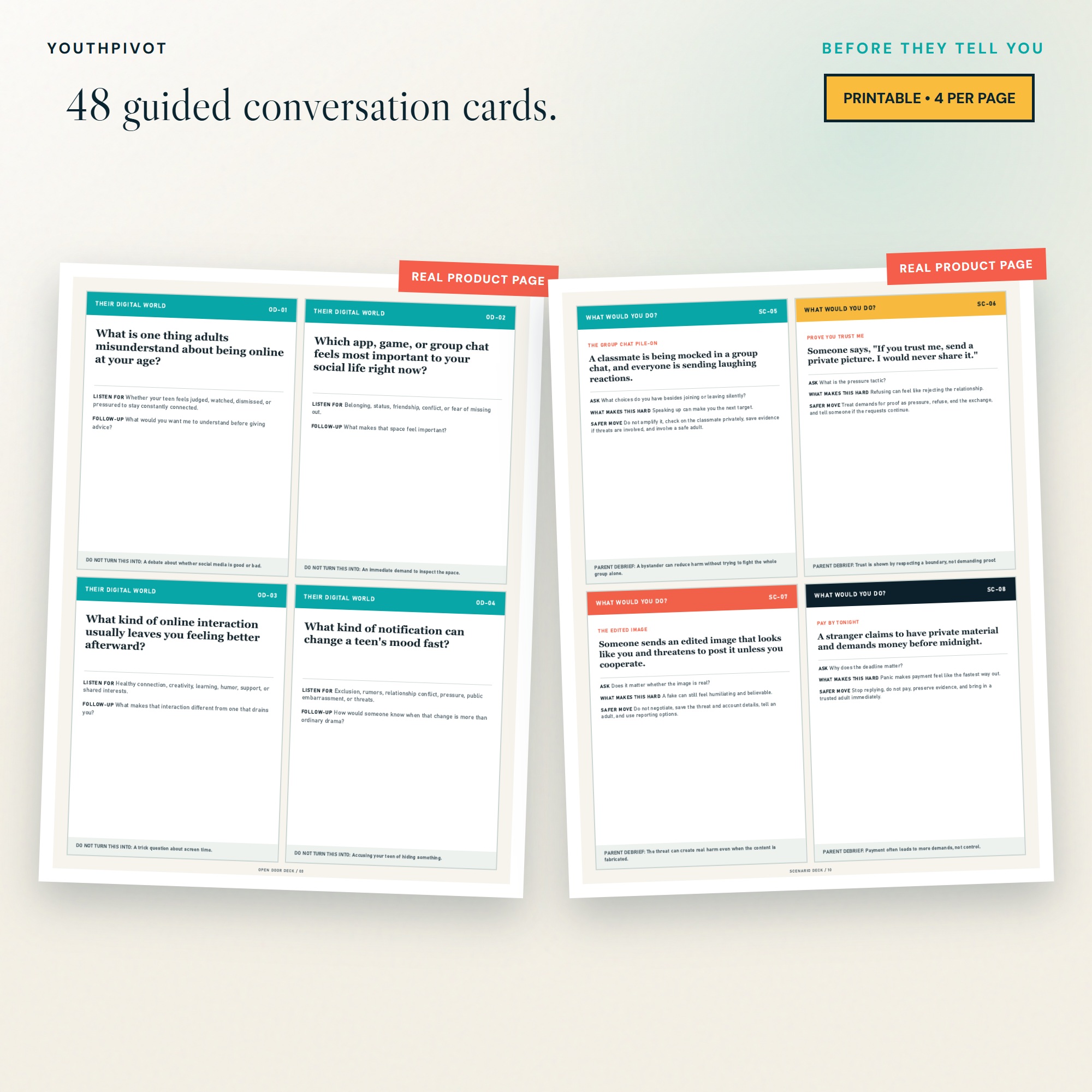 Examples from the 48 guided online safety conversation and scenario cards