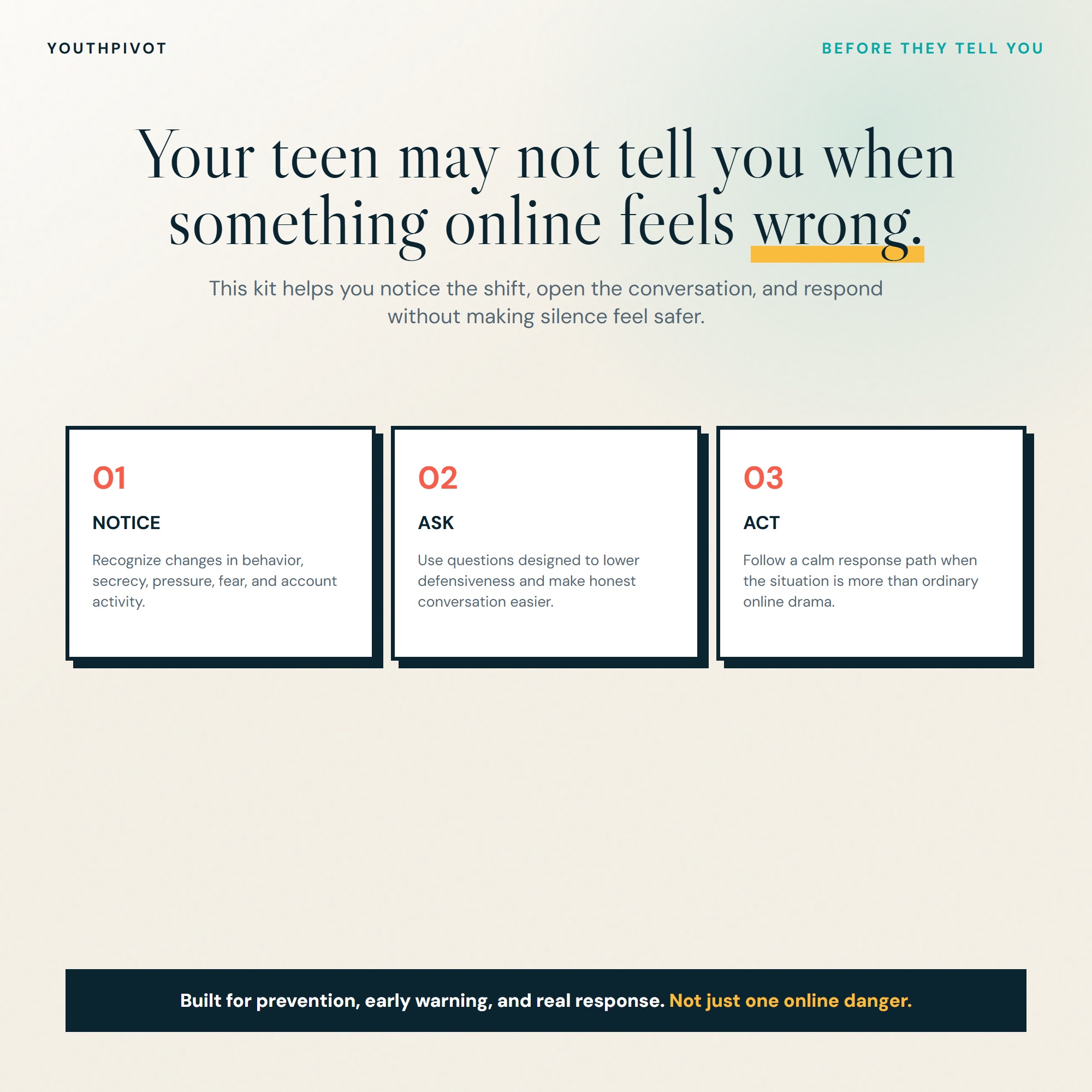 Notice, Ask, and Act method included in the Before They Tell You online safety kit
