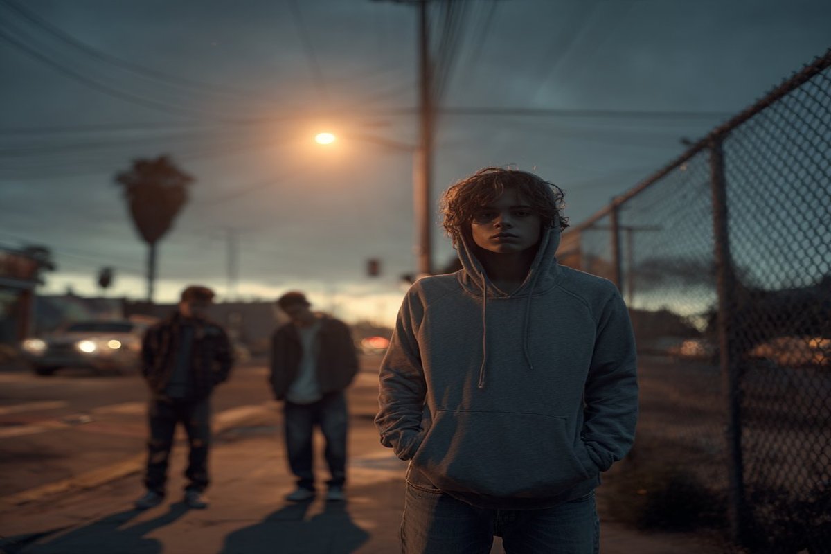 Teen standing at dusk with peers in the background