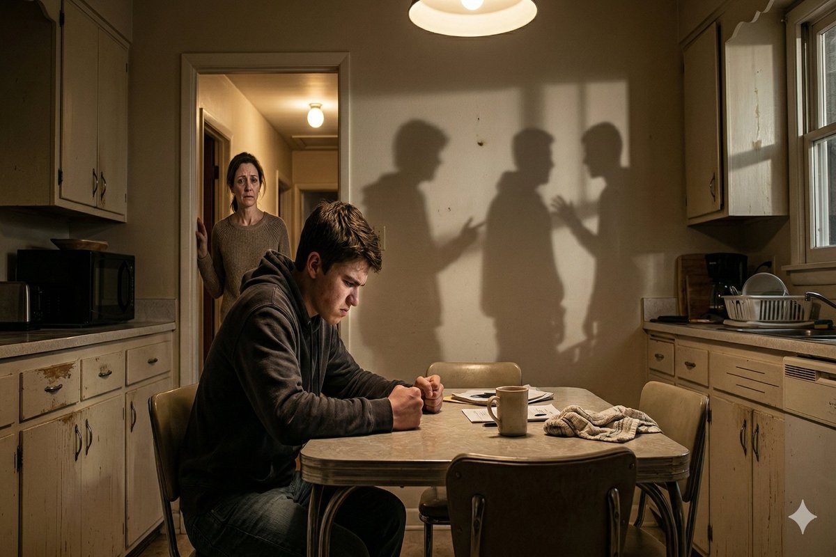 Mother watching teen at kitchen table — peer pressure shadows on wall