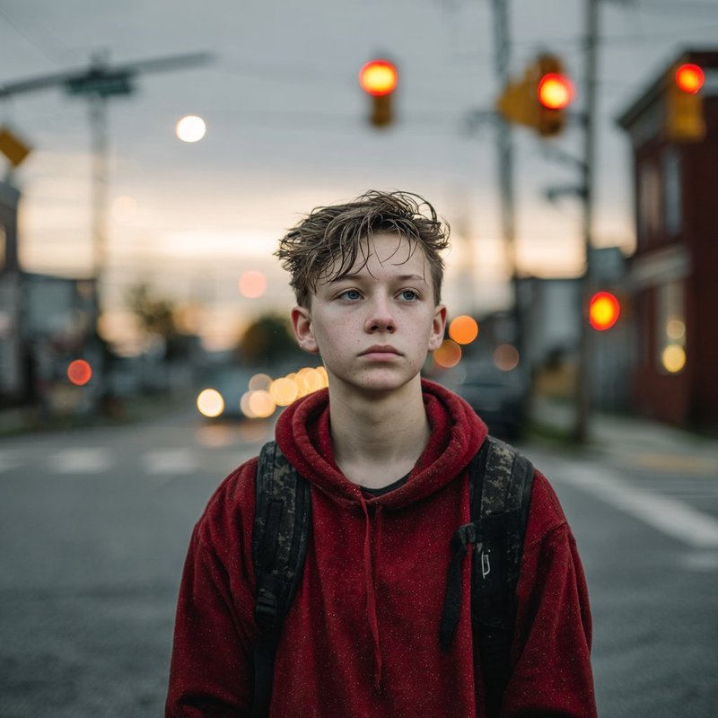 Teen alone at street corner at dusk